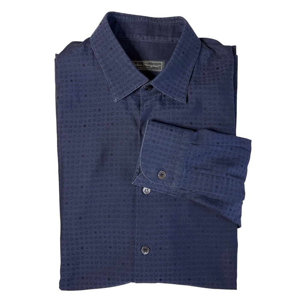 Salvatore Ferragamo Men L Gancini Bit Print Button Up Dress Shirt Blue MSRP $695